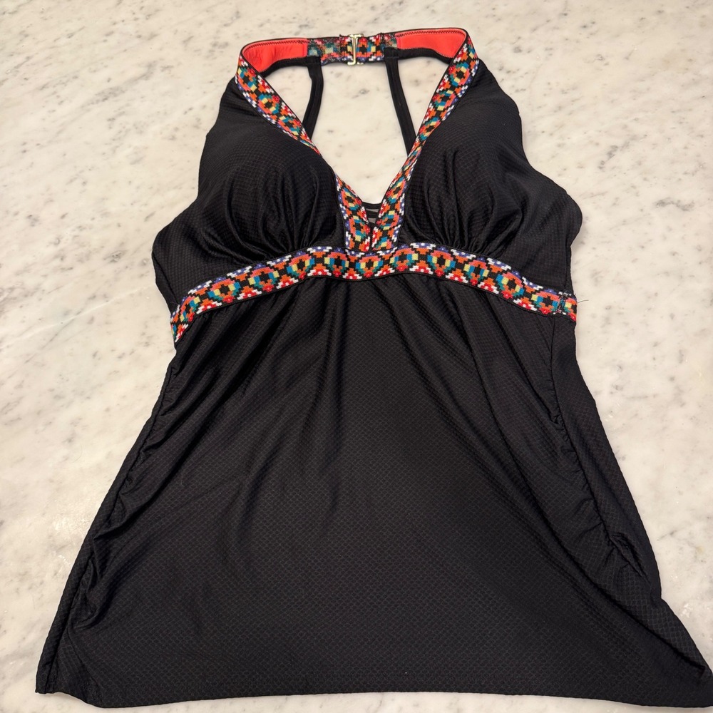 Cacique Swim Black Embroidered Trim Halter Tankini Top Underwire 40DD
